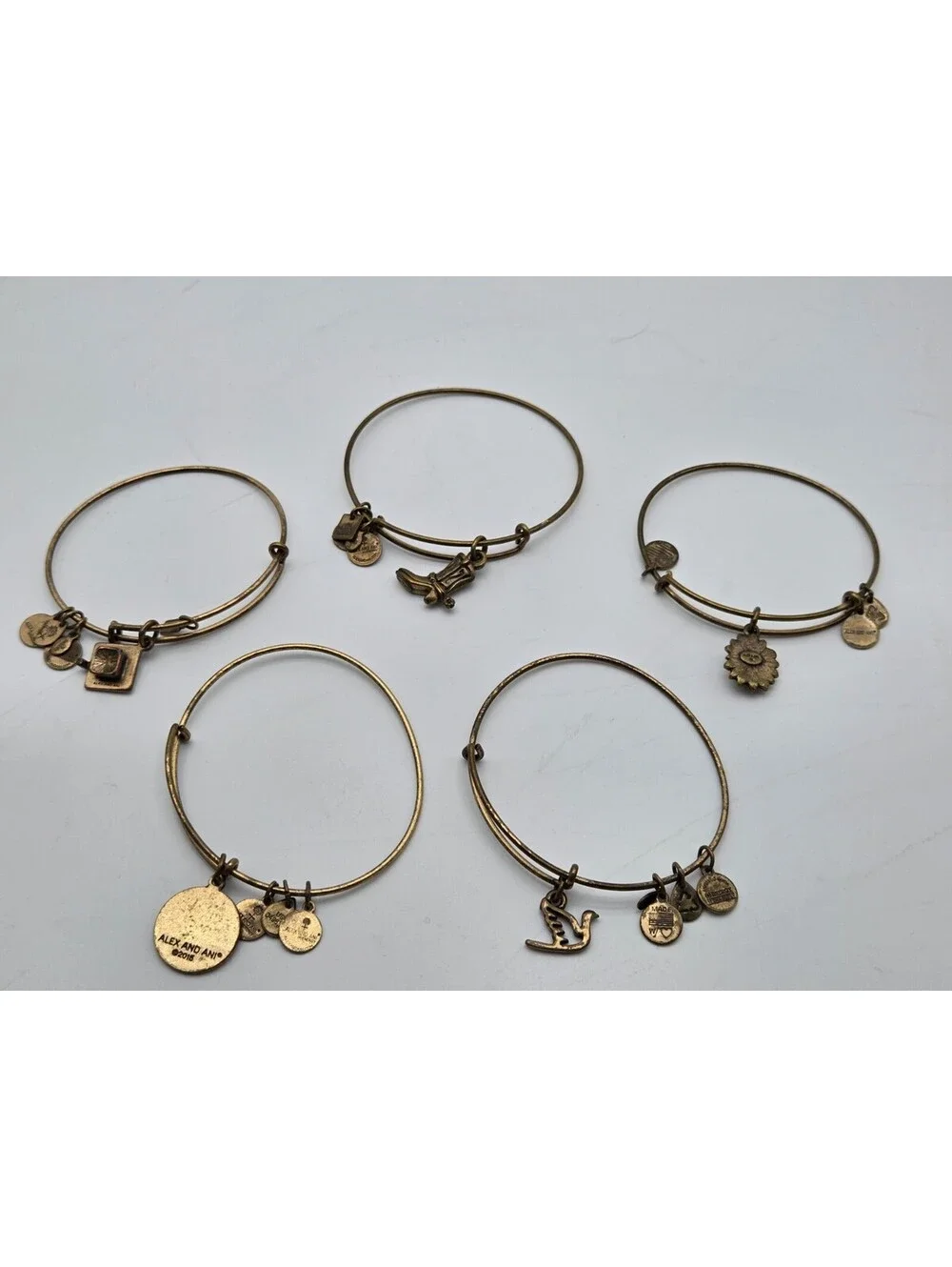 Alex and Ani Expandable Bangle Bracelet Lot of 5 Bronze Tone Charms Cross...